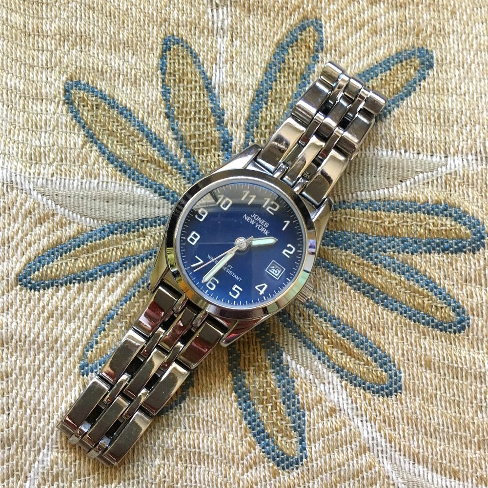 Vintage Jones New York Y2K Blue Face Watch Silver Minimalist Retro Aesthetic